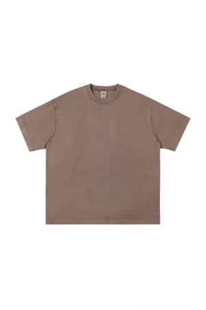 Brown khaki vintage washed oversized cotton T-shirt with relaxed crew neck in front flat lay view