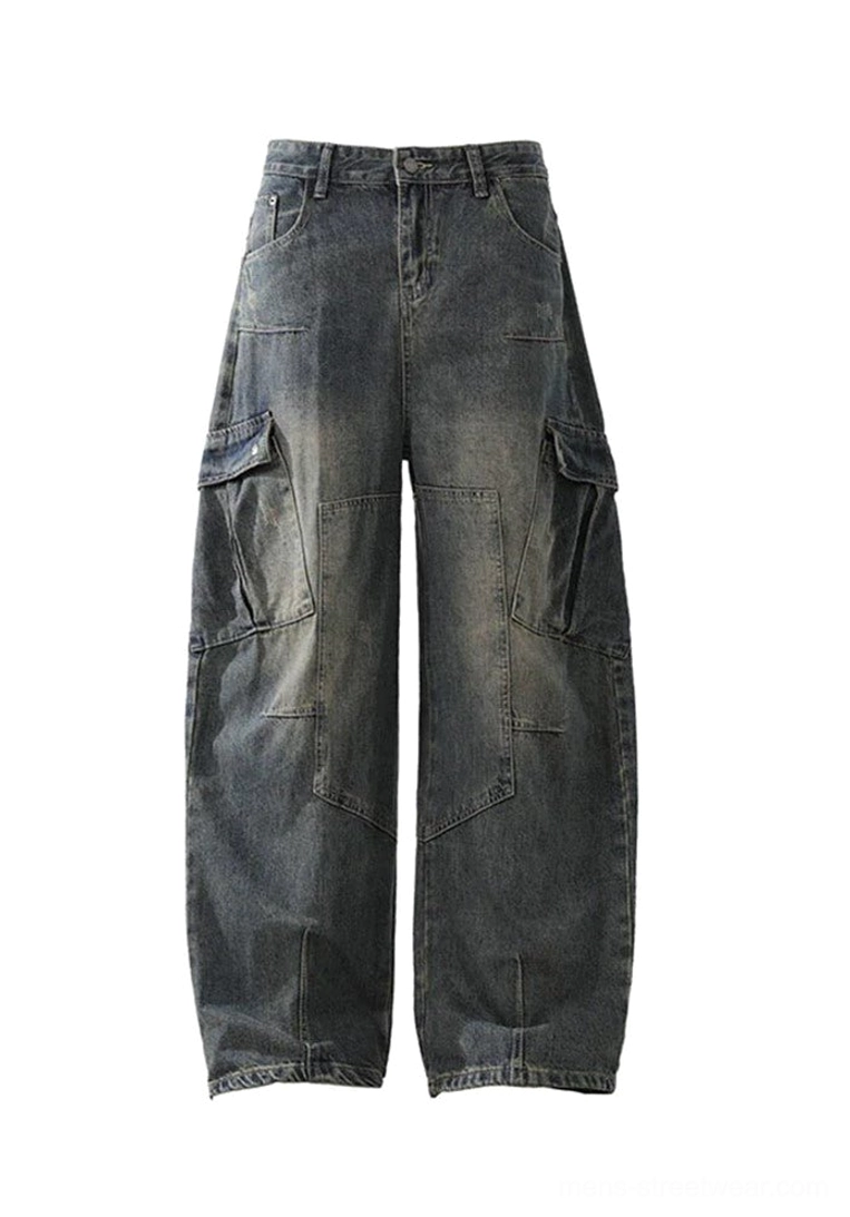 Flat lay front view of vintage washed wide-leg cargo jeans showing the full high-waisted silhouette, cargo pockets, and classic denim construction