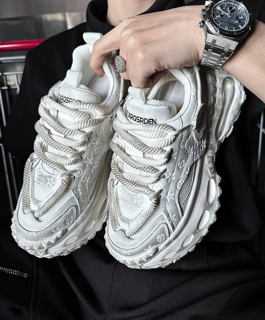Void Circuit streetwear platform sneakers with embossed decorative details, breathable mesh panels, and a bold urban fashion profile