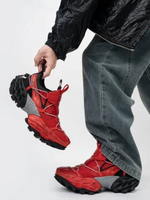 Red Volcano Ridge tech trail sneaker with breathable mesh upper grey midsole and aggressive lug outsole