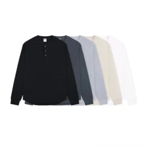 Multi-color waffle knit Henley long sleeve T-shirts in black grey beige and white for Korean streetwear layering