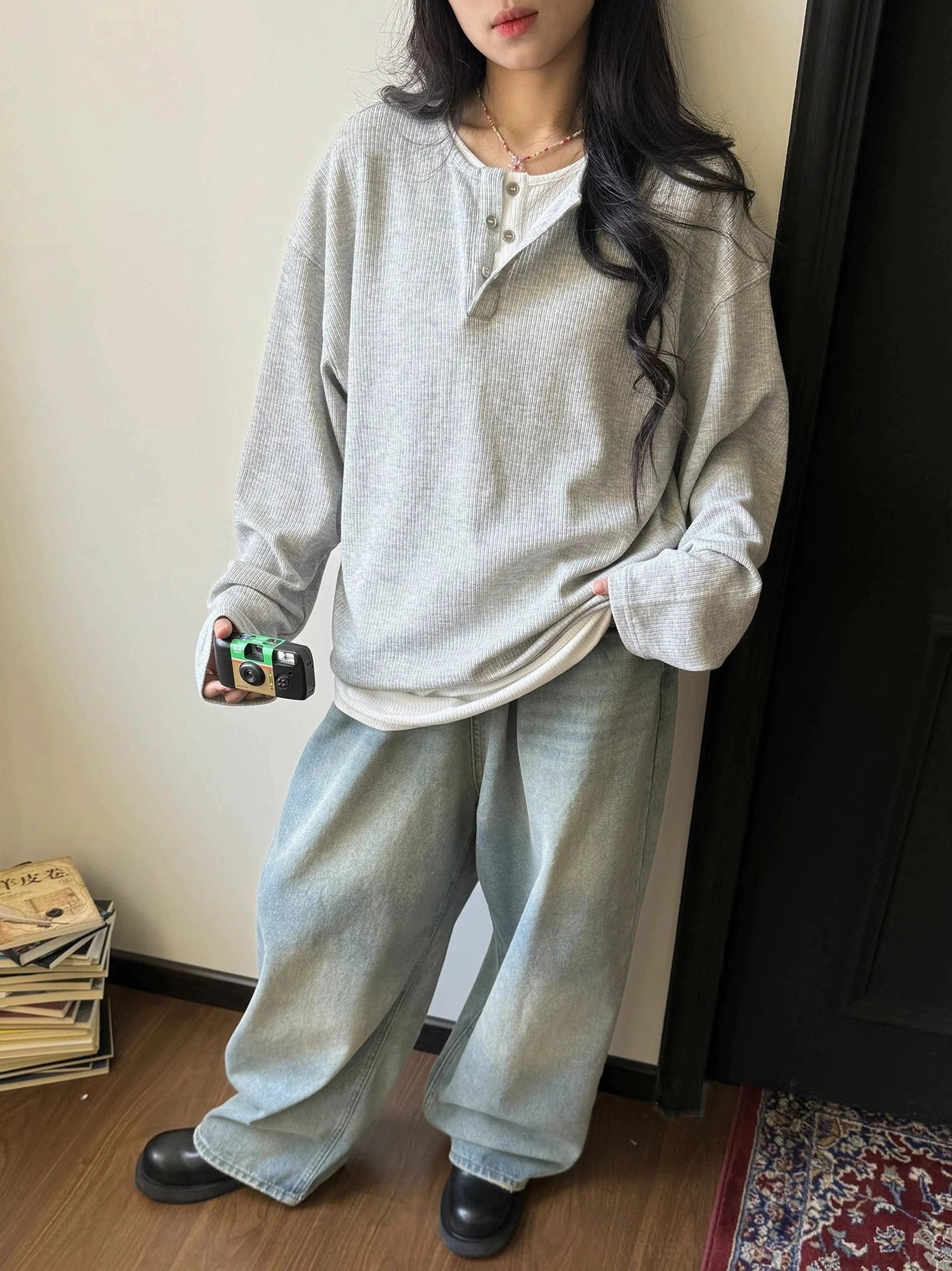 Waffle knit Henley shirt relaxed Korean streetwear long sleeve product image