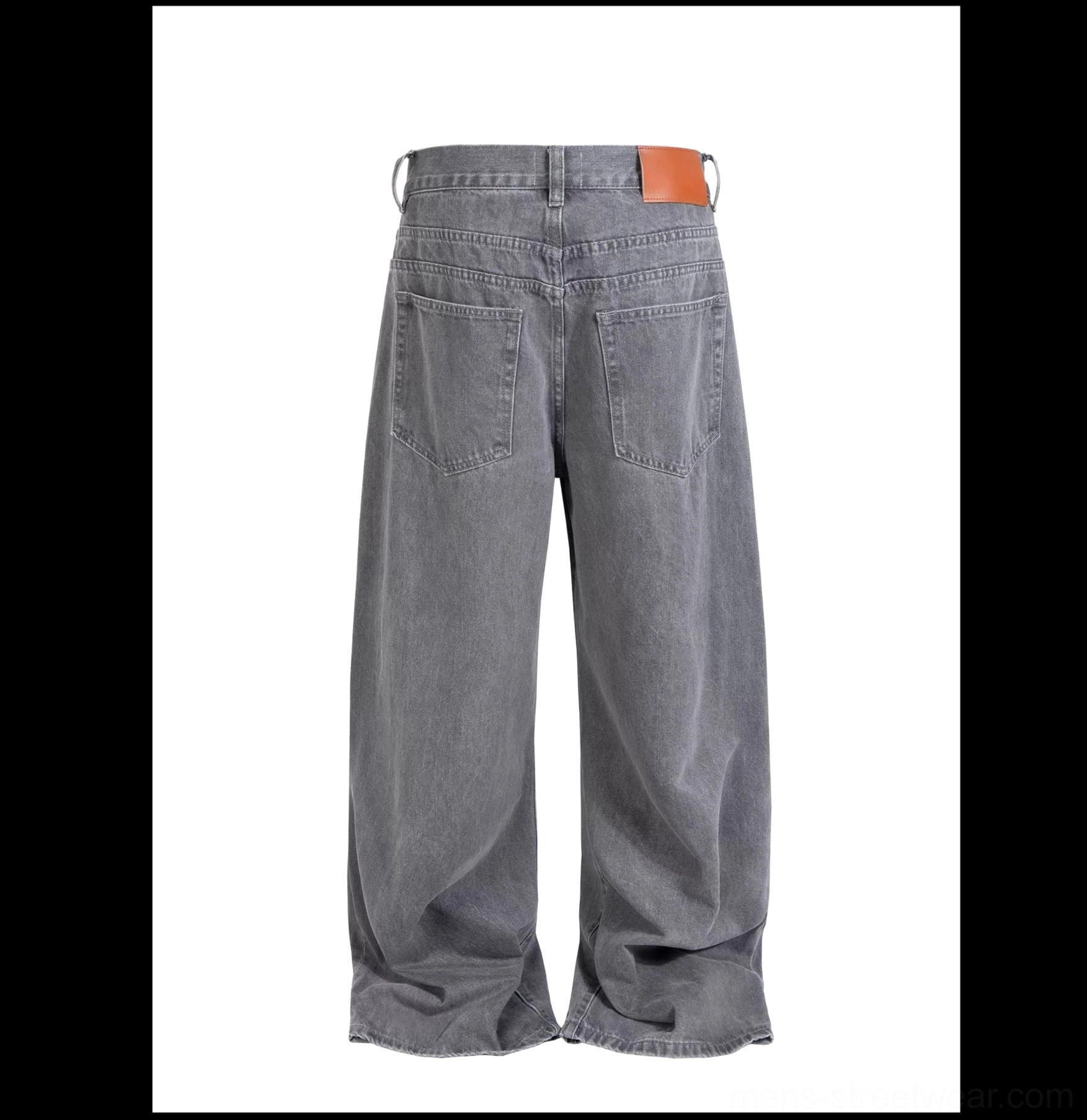 Flat lay back view of washed ash baggy jeans with double rear pockets, leather waist patch, and faded denim finish