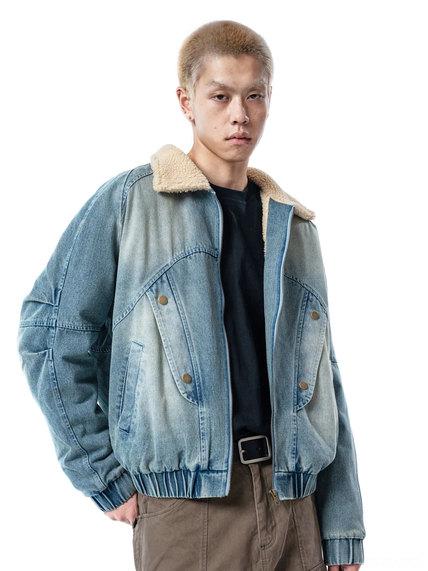 Washed ash blue denim bomber jacket with beige sherpa collar and structured side panel seams