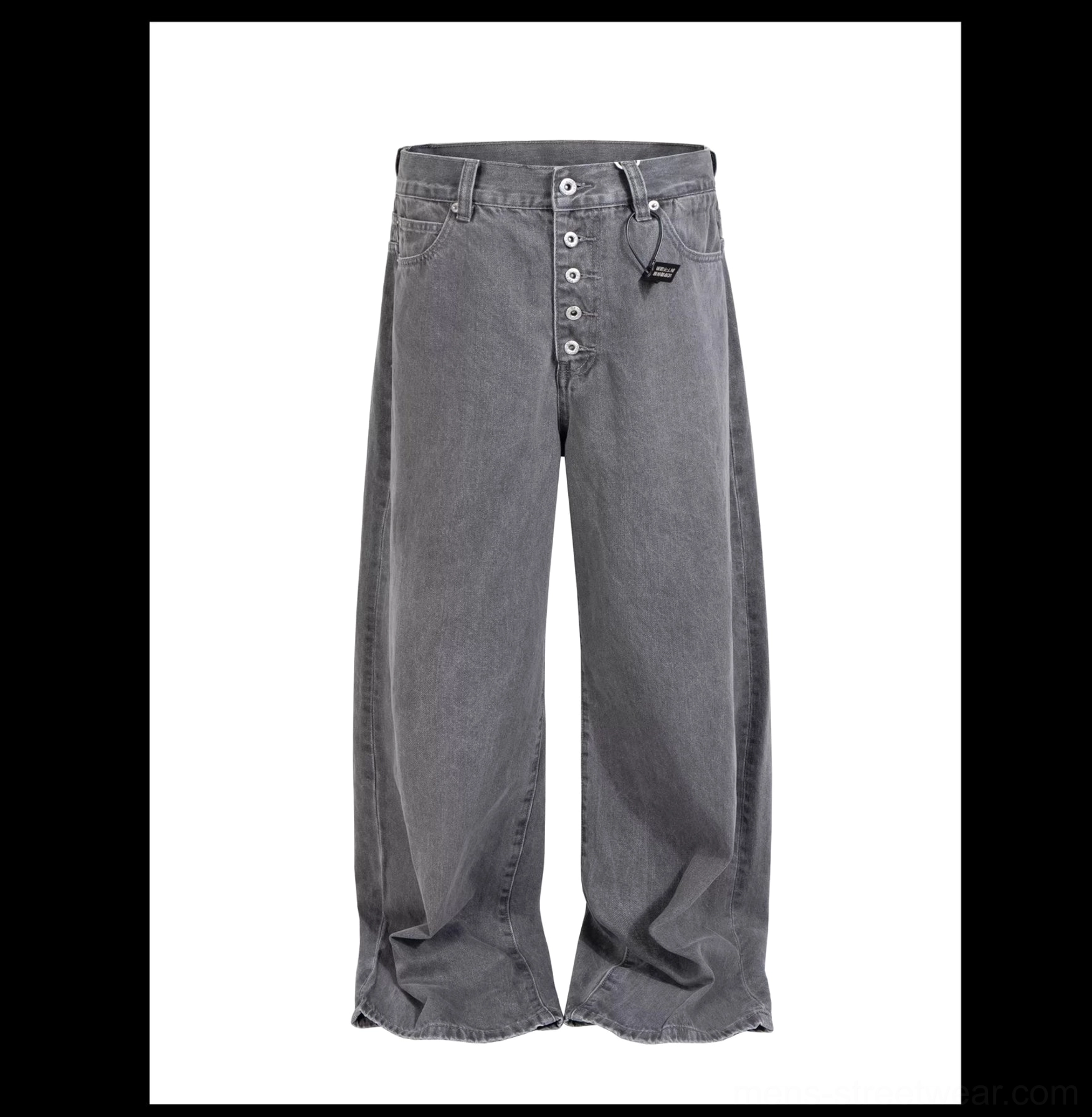 Flat lay front view of washed ash wide-leg jeans showing five-button closure, faded cotton denim, and full-length shape