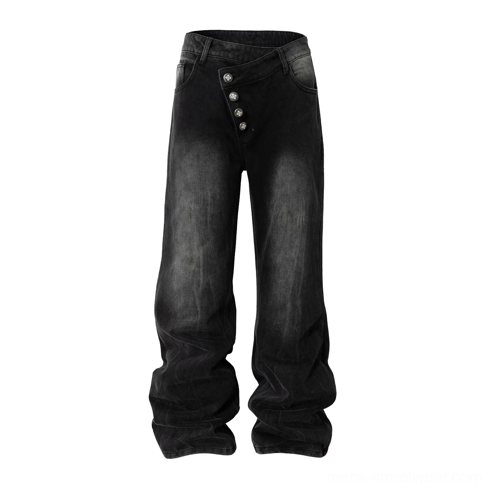 Washed black asymmetric multi-button crossover waist wide-leg denim jeans flat lay front view