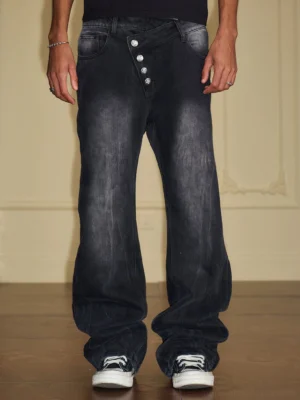 Washed black asymmetric multi-button waist wide-leg baggy jeans front view with streetwear styling