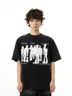 Front view of a washed black oversized graphic print T-shirt with white vintage crowd illustration and English slogan for Korean streetwear styling