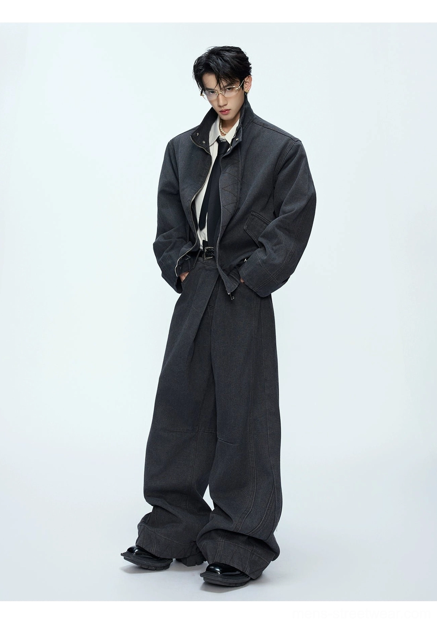 Washed black oversized bomber jacket and matching wide-leg trousers modern Korean streetwear full outfit front view