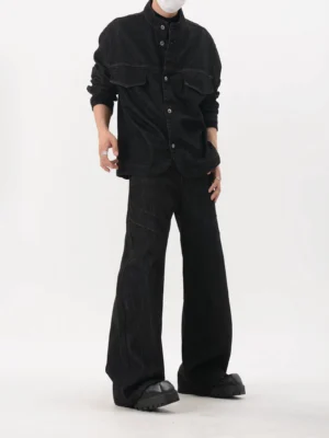 Washed black stand collar utility denim jacket with matching wide leg denim pants front full body streetwear outfit
