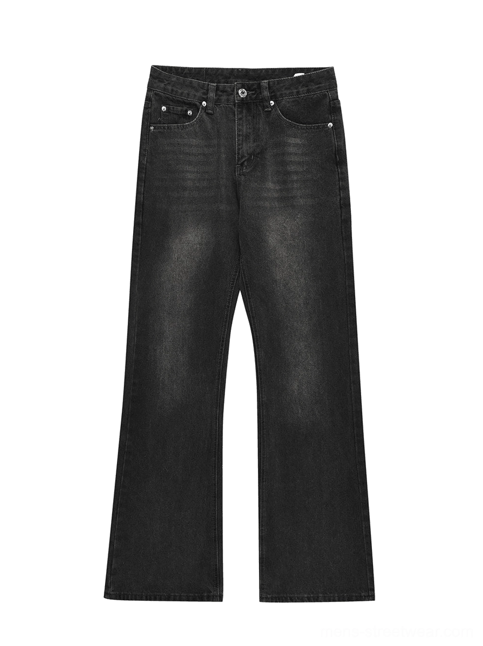 Flat lay of washed black flare denim jeans showing classic five-pocket design, metal rivets, button closure, and vintage dark wash