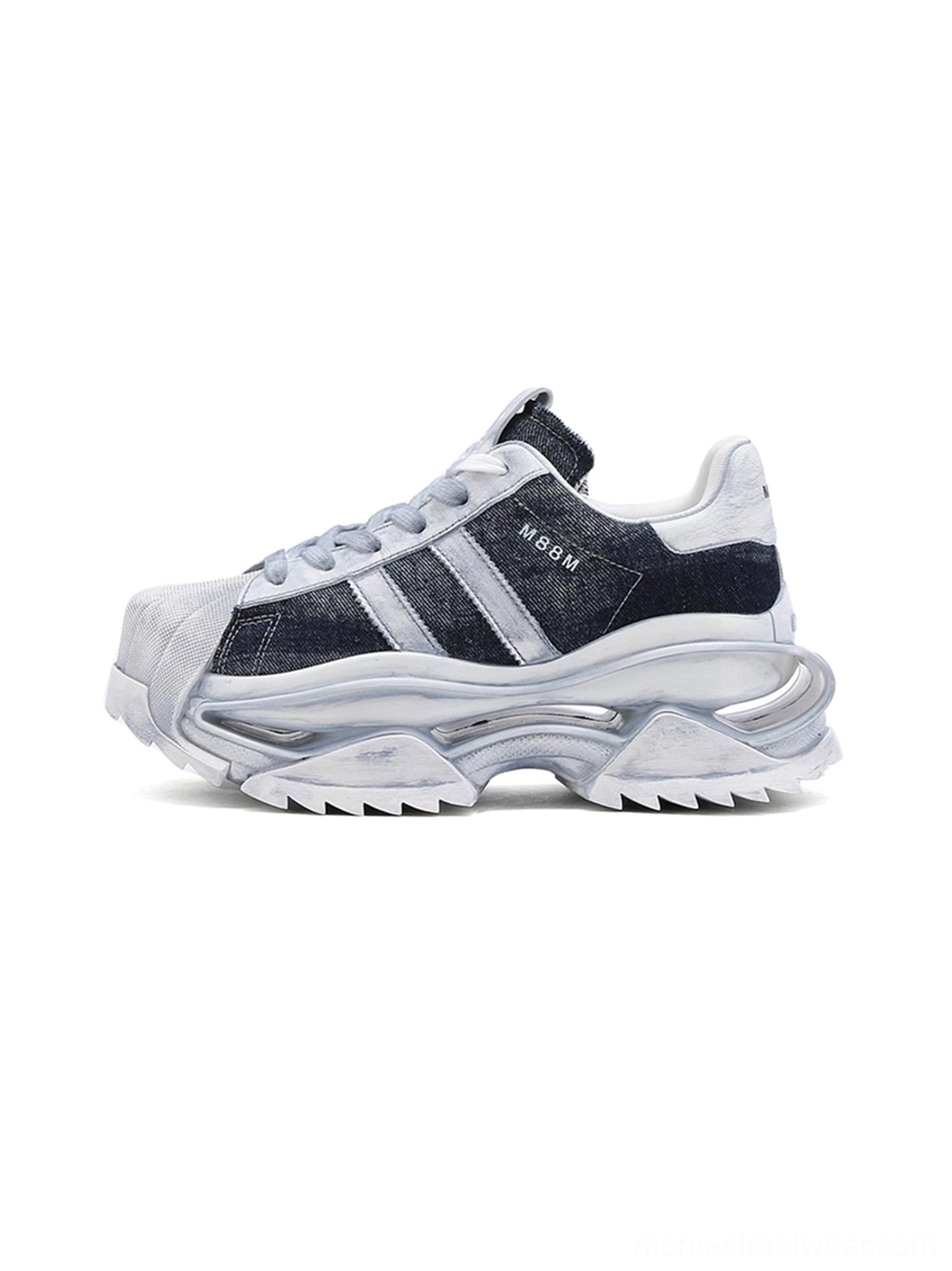 Washed blue genuine leather platform court sneaker shown in a left side studio view with layered stripe panels, white shell toe, padded collar, and chunky sculpted outsole