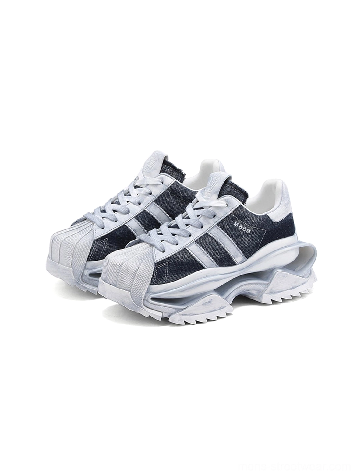 Pair of washed blue genuine leather platform court sneakers displayed from the front side with white rubber shell toes and matching thick soles