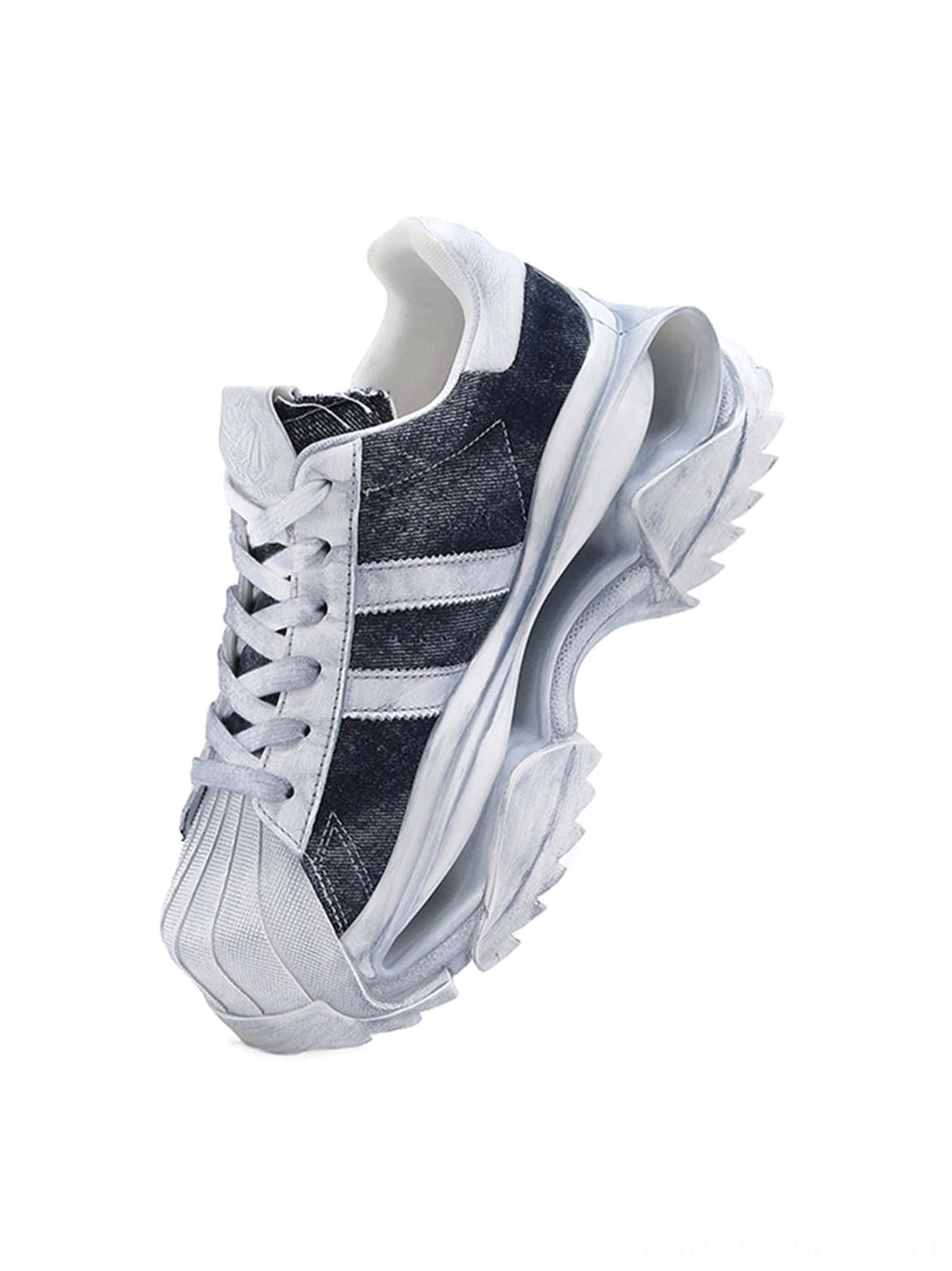 Single washed blue leather platform sneaker in a three-quarter side view highlighting the faded upper, layered side stripes, and sculpted chunky outsole