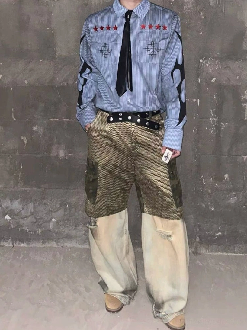 Front view of washed blue pinstripe punk work shirt with red star chest details tribal flame sleeves and flap pockets