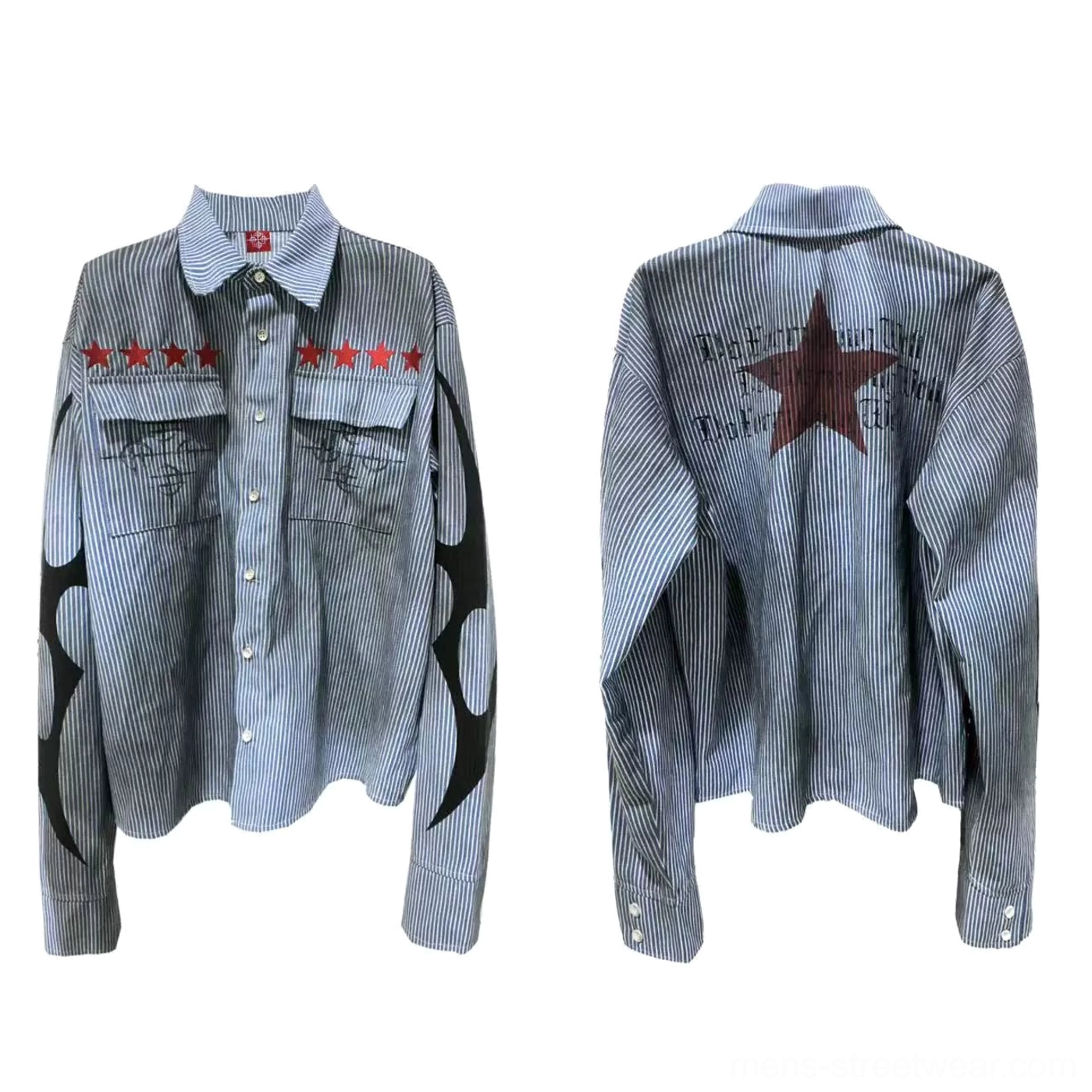 Flat lay front and back of washed blue pinstripe star graphic work shirt with chest pockets tribal sleeves and red back star
