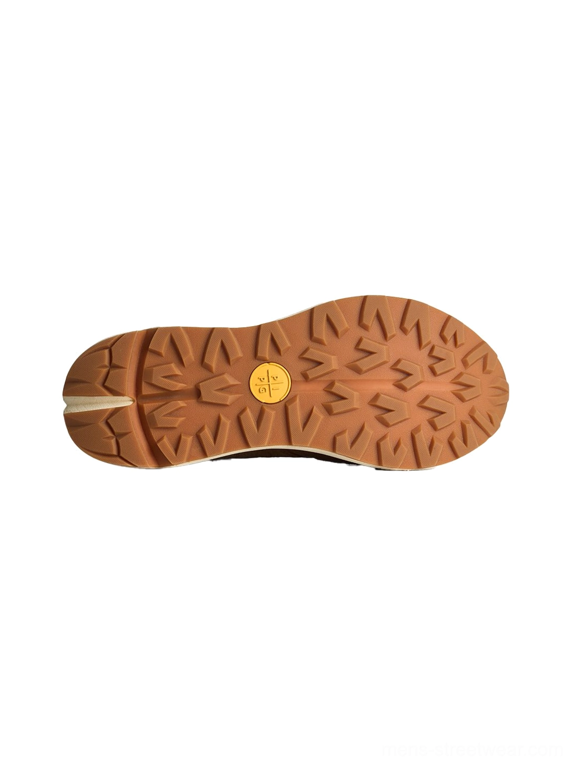 Brown distressed trail runner sneakers with neutral tones suitable for denim, cargos, and oversized streetwear