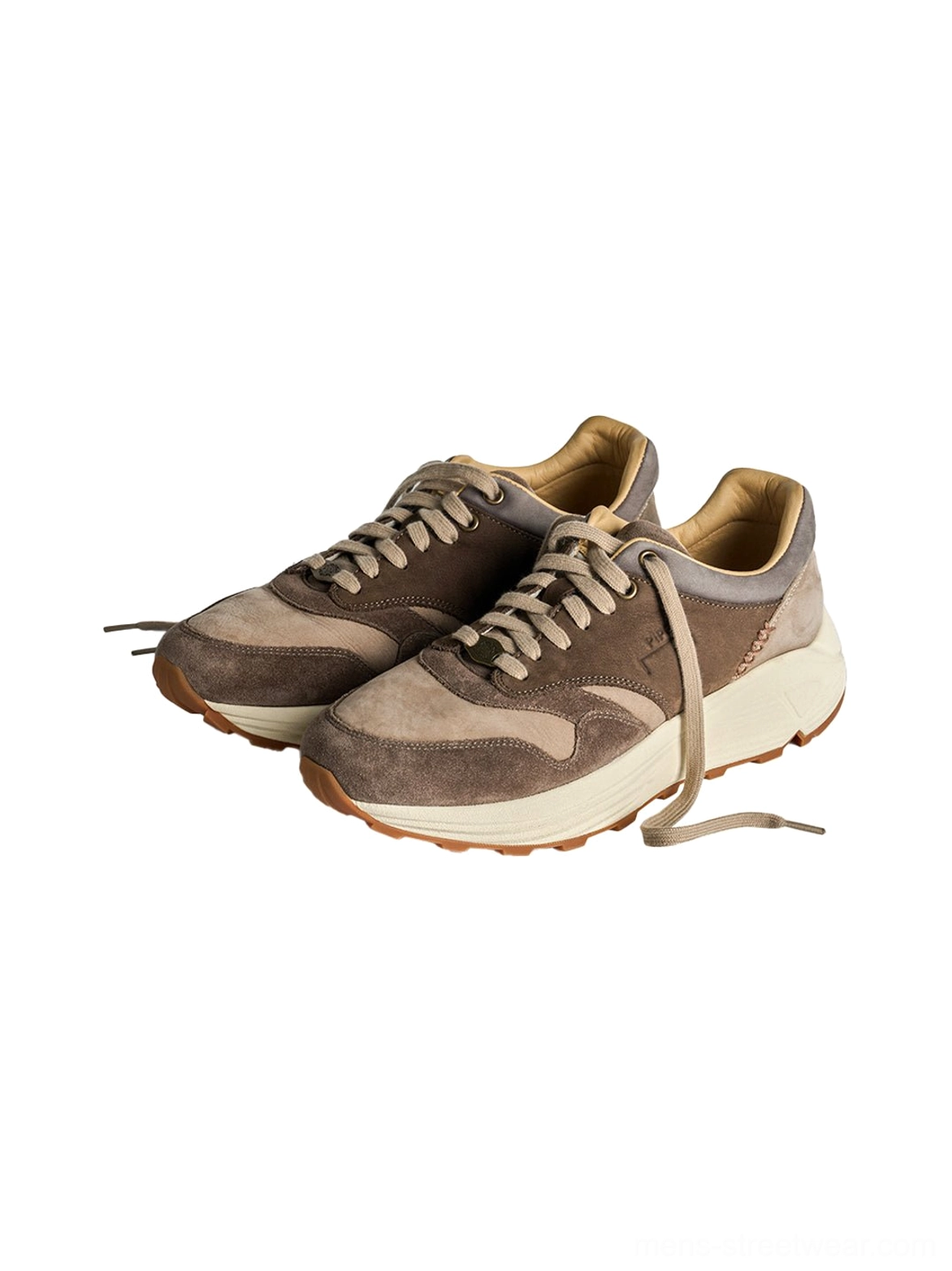 Unisex brown retro trail runner shoes with vintage distressed texture and outdoor-inspired streetwear styling