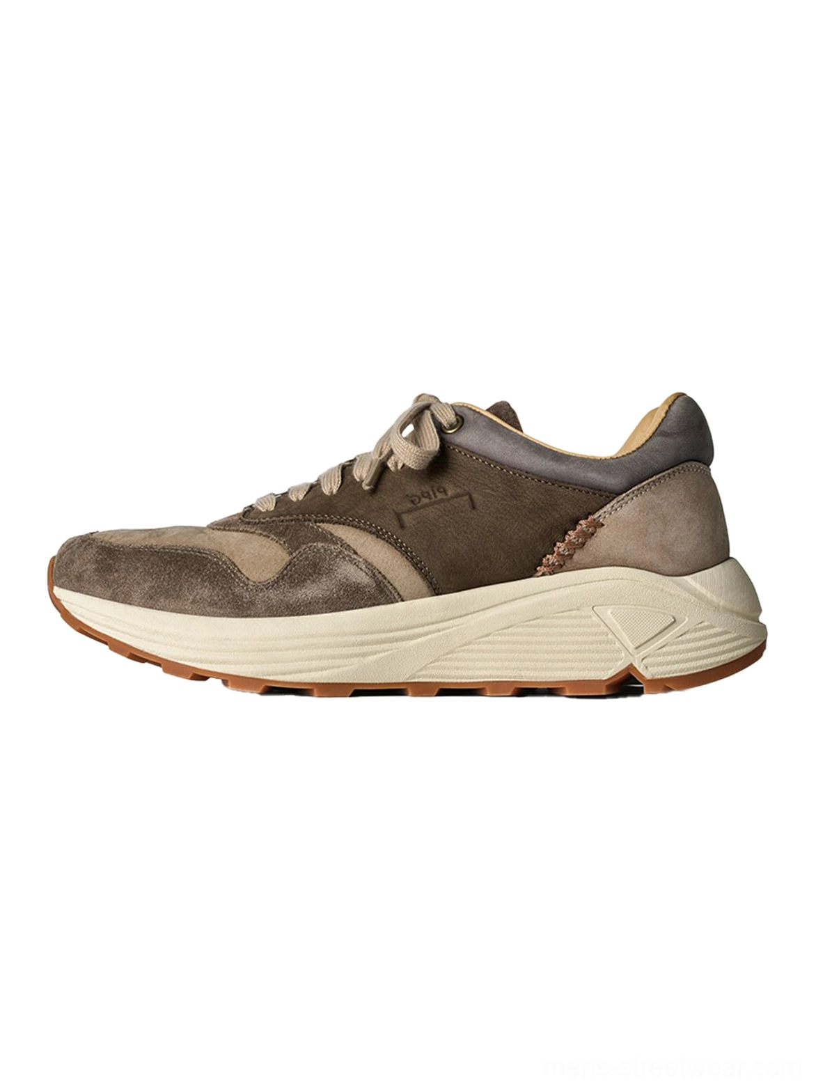 Washed brown retro trail runner sneakers in Coffee with two-tone suede panels and a chunky lugged rubber outsole