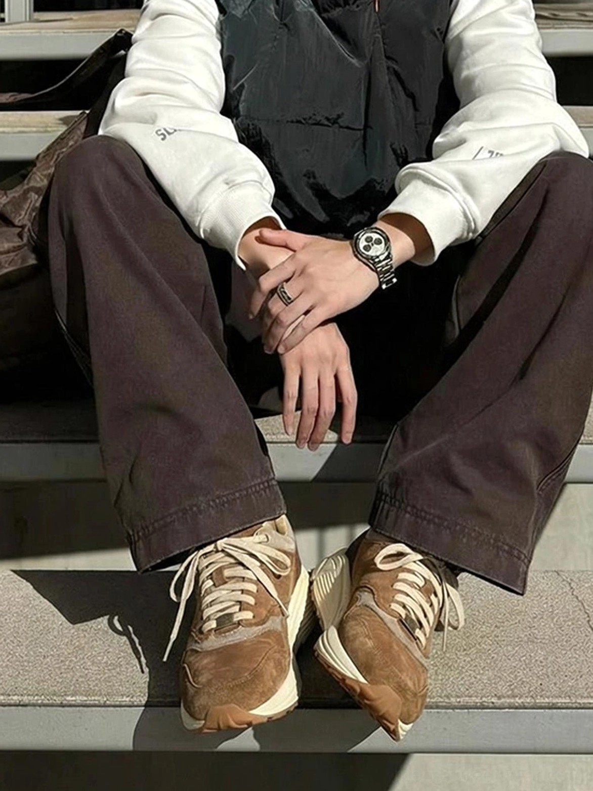 Washed brown suede trail runner sneakers for Korean fashion, Japanese streetwear, and relaxed everyday outfits