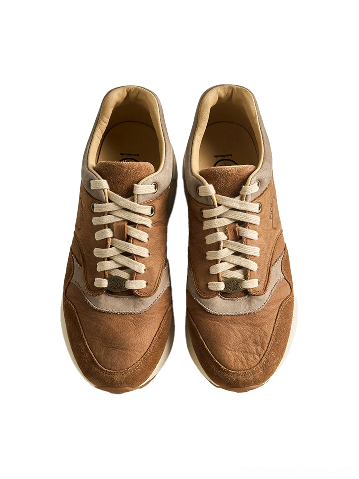 Two-tone suede brown trail runner shoes combining vintage runner style with modern Seoul streetwear aesthetics