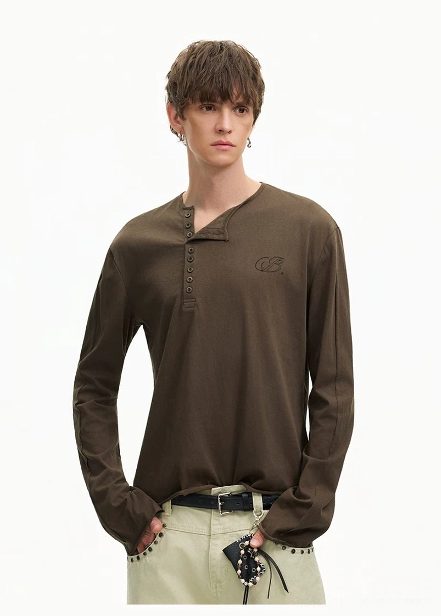 Washed cotton Henley long sleeve tee product image for Korean streetwear styling in brown and gray color options