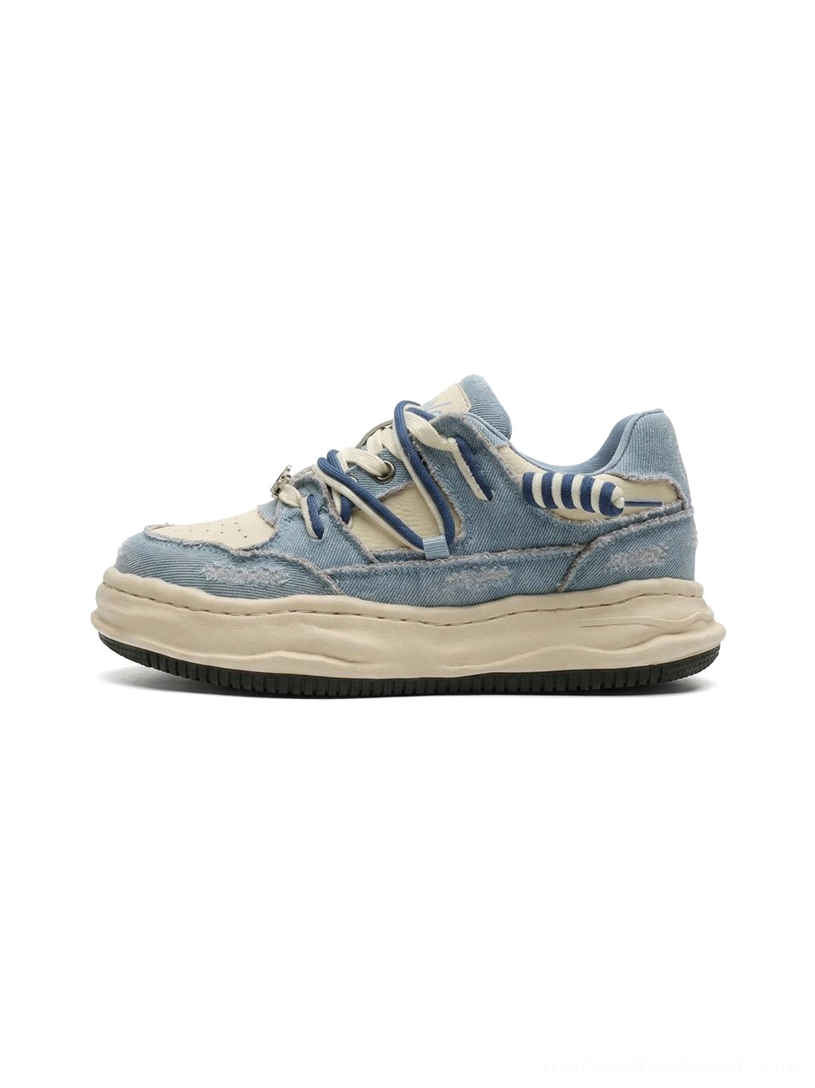 Washed denim dual-lace chunky streetwear sneakers in faded blue with sculpted cream sole side three-quarter view