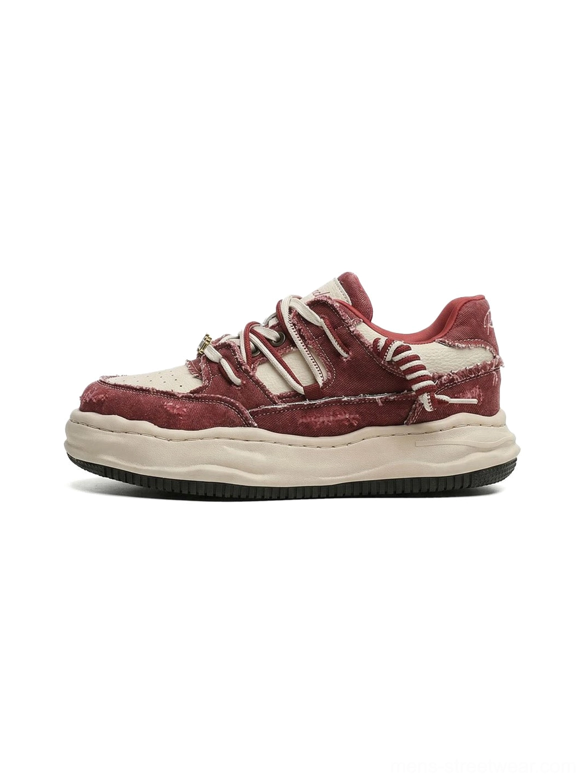 Red lace variation of washed denim dual-lace chunky streetwear sneakers with faded blue upper and cream sole