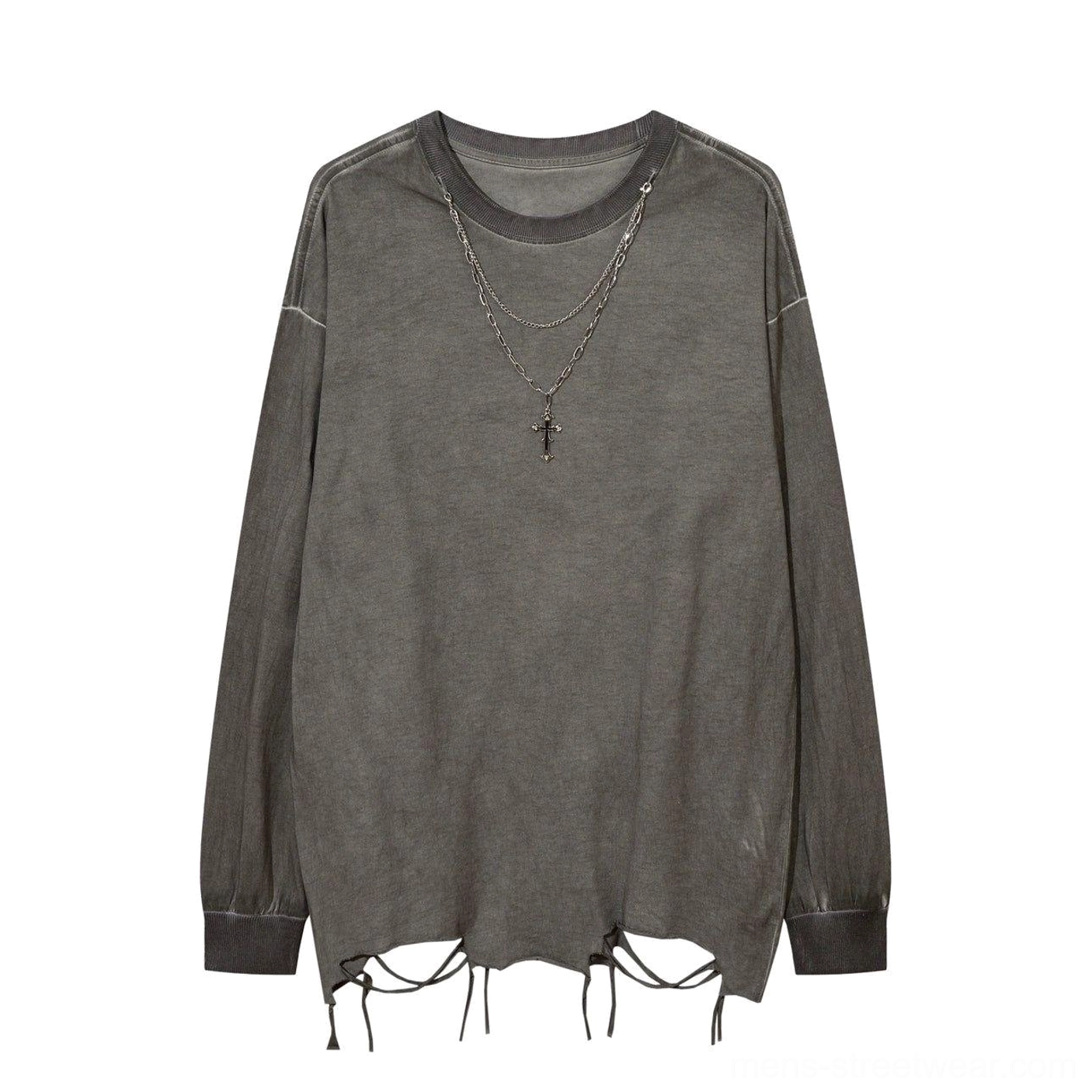 Washed distressed oversized long-sleeve tee designed for grunge Acubi and avant garde streetwear