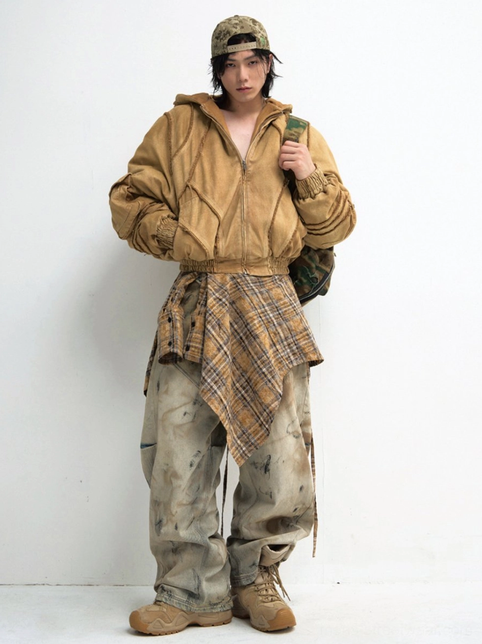 Washed aged wide-leg cargo jeans front full-body view with oversized silhouette and layered vintage workwear styling
