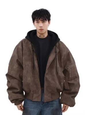 Brown washed faux suede oversized moto bomber jacket front view with ribbed cuffs and utility sleeve pocket