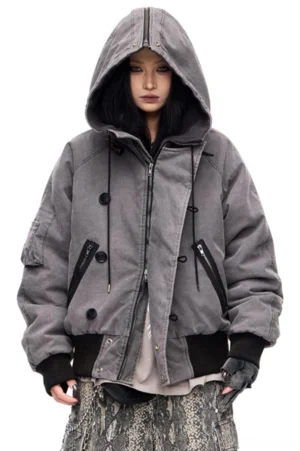 Men's washed gray resin buckle hooded flight bomber jacket front view with adjustable hood, diagonal zipper pockets, and ribbed hem