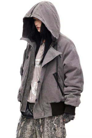 Washed gray hooded flight bomber jacket left side view showing asymmetric zipper placket, wide collar, and ribbed cuffs