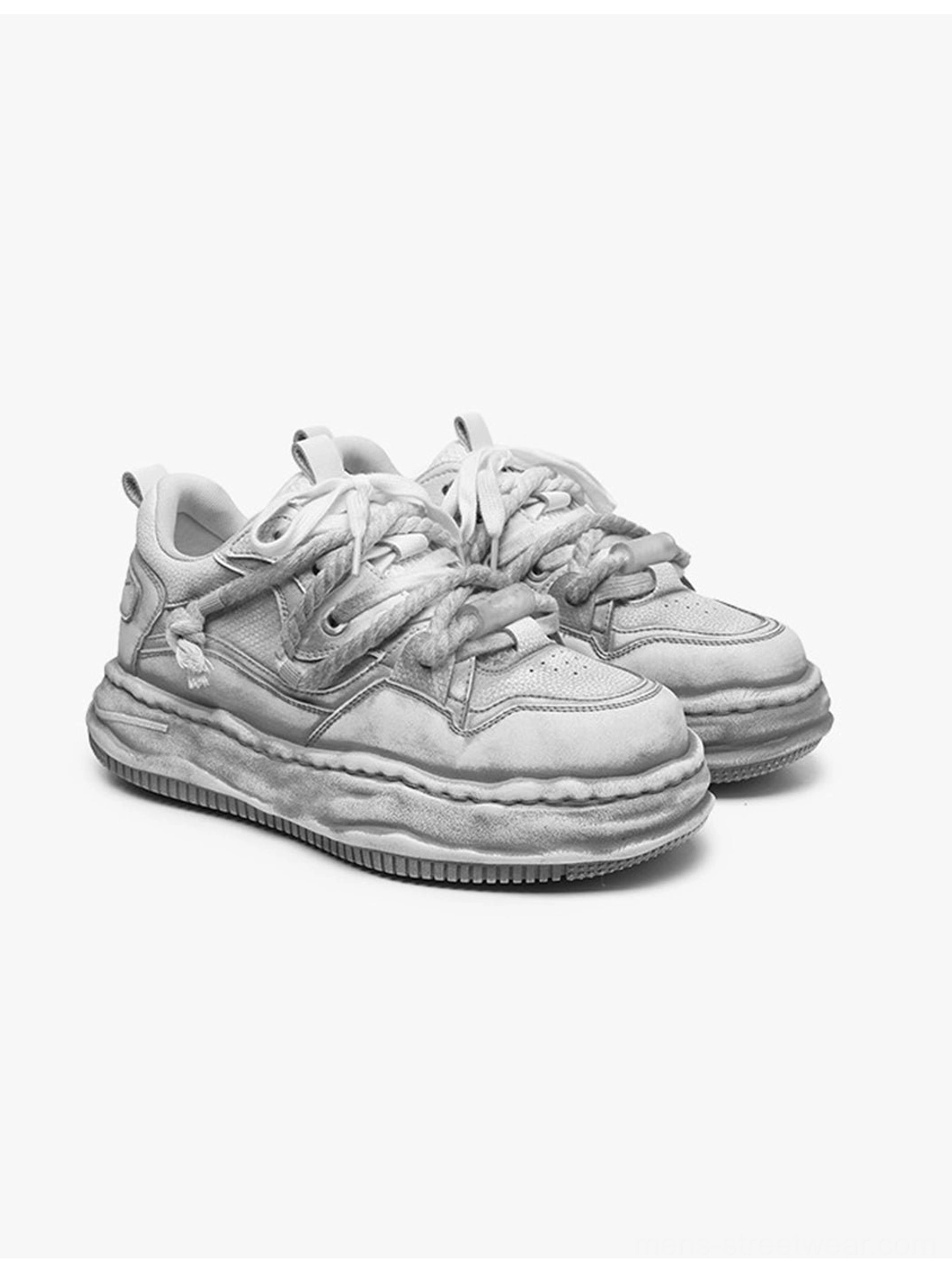 Washed gray wavy platform sneakers with a vintage finish and thick sole for casual Acubi-inspired outfits