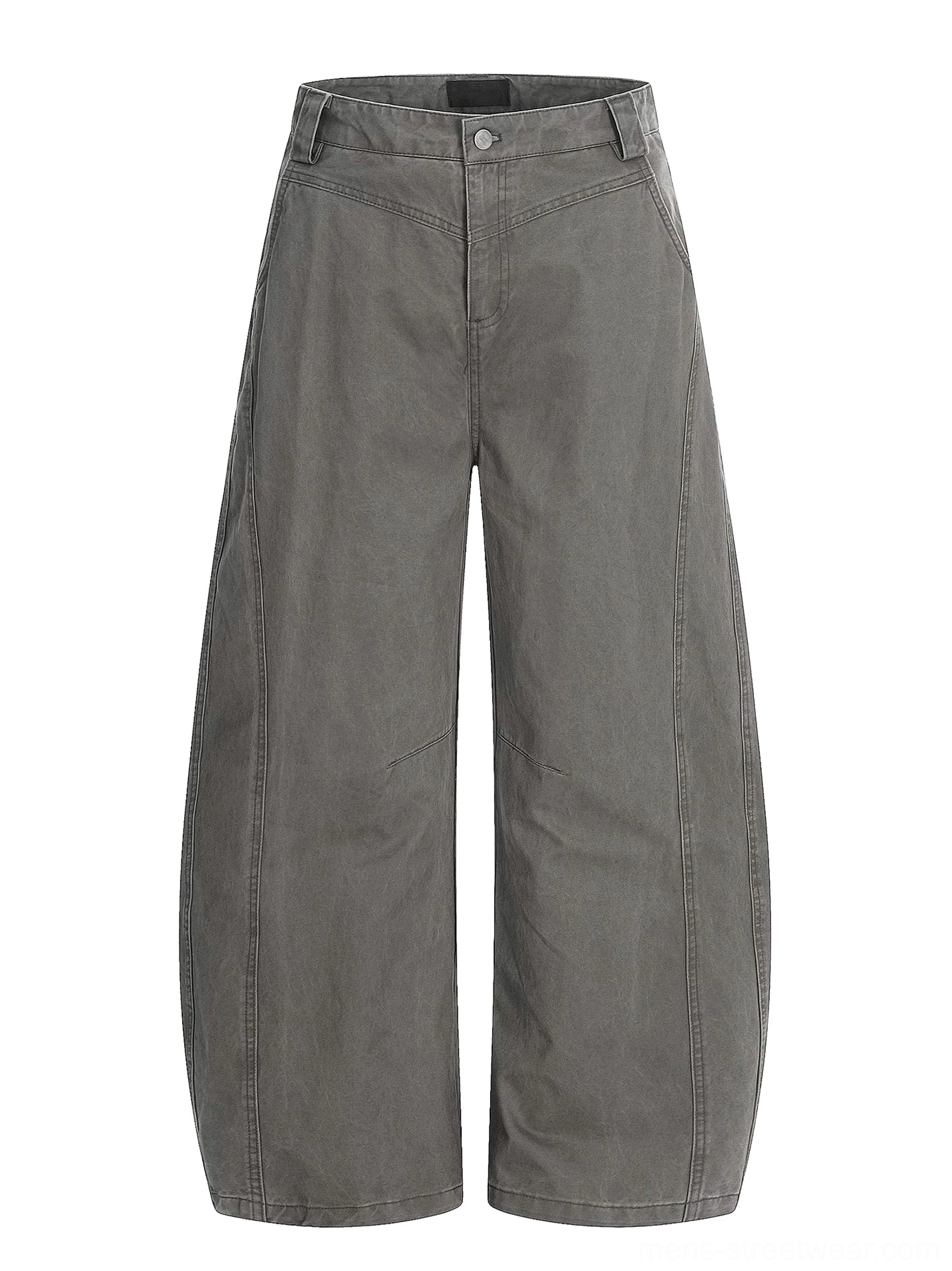 Washed grey barrel leg chino pants front product view with curved panel seams and relaxed balloon fit