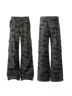Washed grey camo cargo denim jeans front product view showing mid-rise waist and wide legs