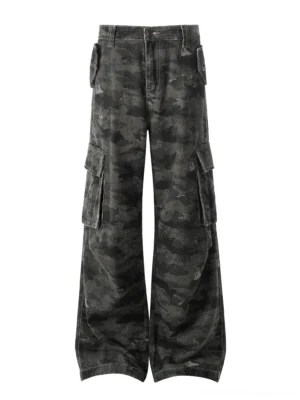 Washed grey camouflage wide-leg cargo jeans front view with utility flap pockets