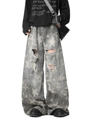 Washed grey distressed star print baggy jeans straight front view with oversized wide leg silhouette