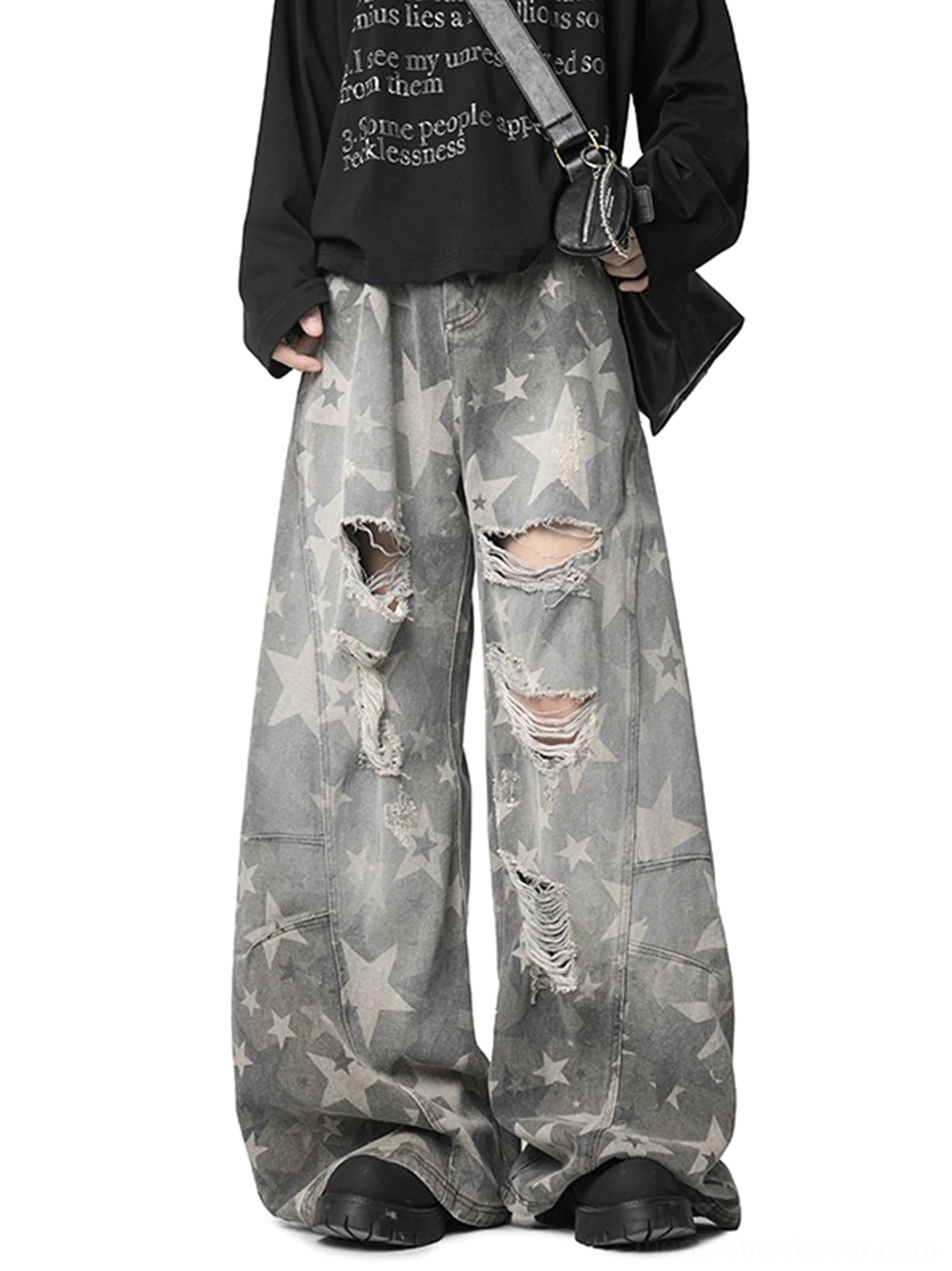 Washed grey distressed star print baggy jeans straight front view with oversized wide leg silhouette