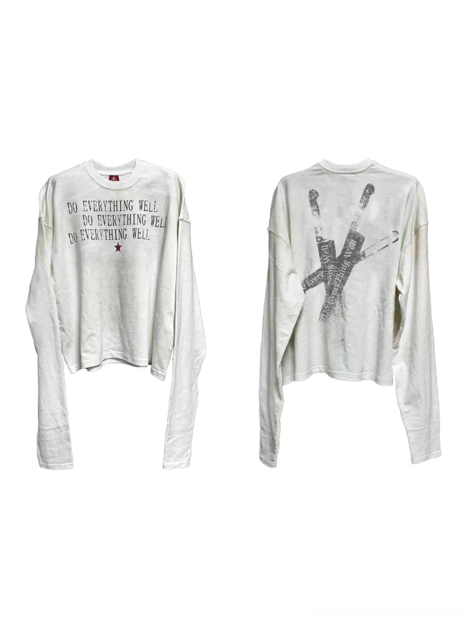 Washed ivory distressed slogan long sleeve tee flat lay showing front red star print and crossed blade back graphic