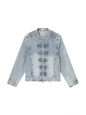 Washed light blue denim military epaulette cropped zip jacket flat lay front view with stand collar and double silver button rows
