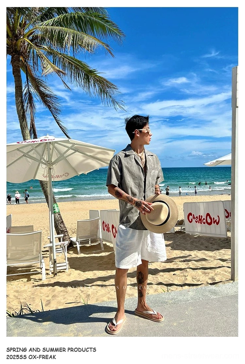 Washed seersucker Cuban collar short sleeve streetwear shirt product image showing its relaxed summer silhouette