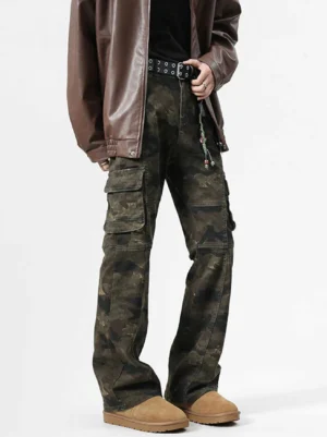 Front view of washed dark green camouflage flare cargo pants showing symmetrical flap cargo pockets distressed texture and full length flared legs