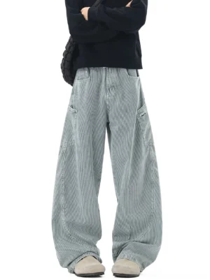 Blue grey washed stripe carpenter wide-leg streetwear work pants front full-body view with oversized utility pocket