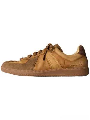 Wheat brown washed suede colorblock retro trainer shown in left side profile with low-top lace-up design and gum sole