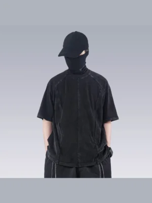 Front view of faded black washed technical oversized T-shirt with split seam construction and relaxed Korean streetwear fit
