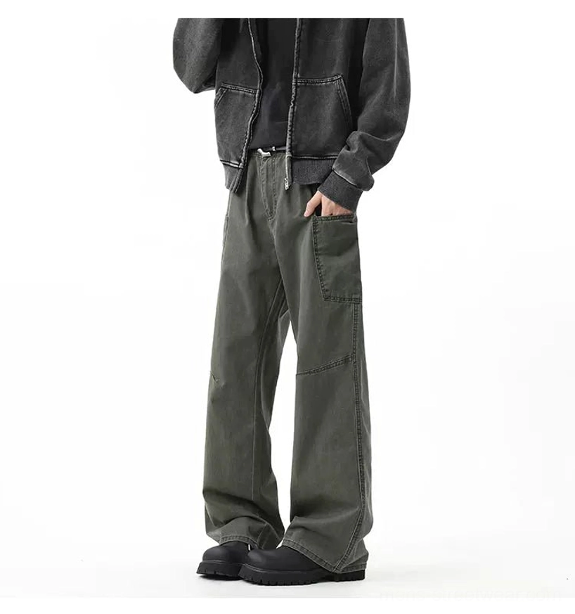 Washed utility wide-leg cargo pants in contemporary Korean streetwear style with relaxed fit and functional pocket detailing