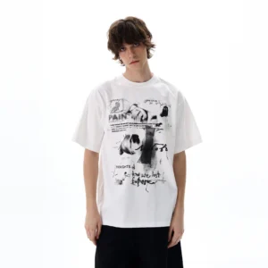 Washed white oversized grunge graphic T-shirt with distressed PAIN typography, abstract graffiti print, loose Korean streetwear silhouette, and vintage punk styling