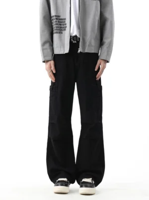 Black wide leg cargo trousers front full body view featuring relaxed straight legs and side utility pockets