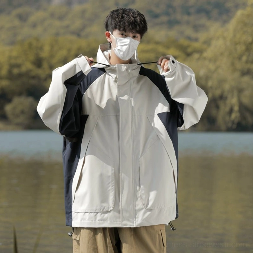 Water-resistant colorblock windbreaker jacket with relaxed silhouette for spring and autumn layering